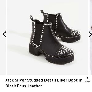jack silver studded detail biker boot in black faux leather